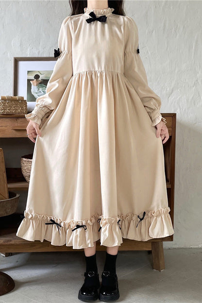 Black/Apricot Japanese Long Puff Sleeves Ruffle Bowknot Sweet Lolita Dress 2 Colors