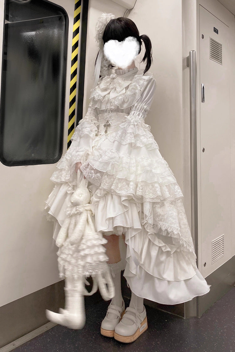White [Eternal Taboo] Long Hime Sleeves Ruffled Bow Gothic Lolita Skirt Dress Set