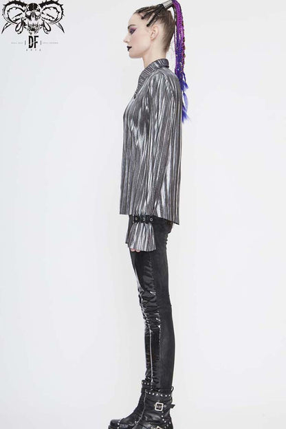 Silver Metal Buckles CuffPleated Pointed Collar Leather Loops Punk Shirt