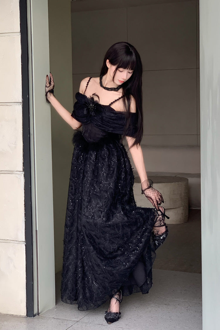 Black [Swan] Off Shoulder Jacquard Embroidered Bow Gothic Lolita Jsk Dress