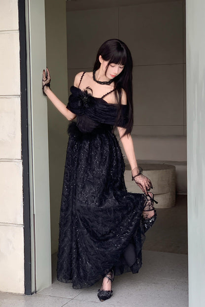 Black [Swan] Off Shoulder Jacquard Embroidered Bow Gothic Lolita Jsk Dress