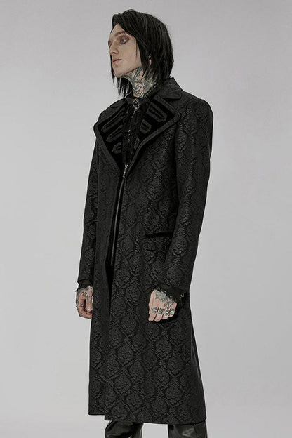 Black Punk Woven Print Large Collar Simple Atmospheric Long Men's Coat
