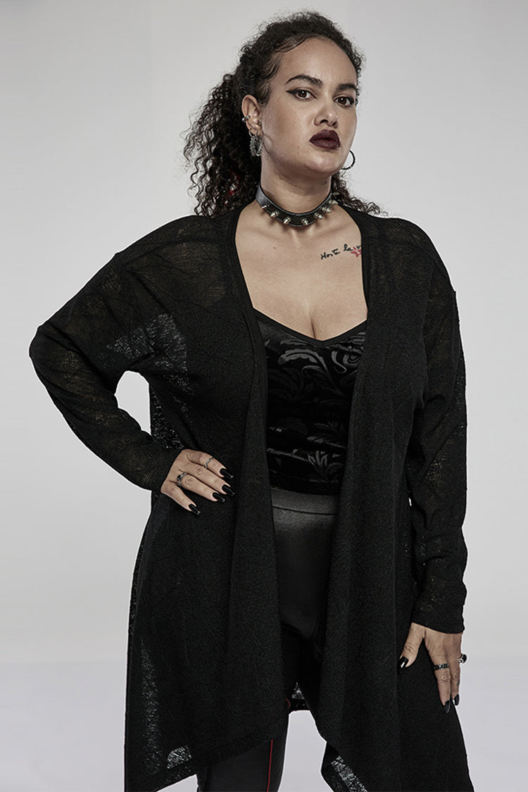 Black Soft Knitting Mottled Texture Asymmetric Hem Skull Decal On The Back Women's Plus Size Gothic Jacket