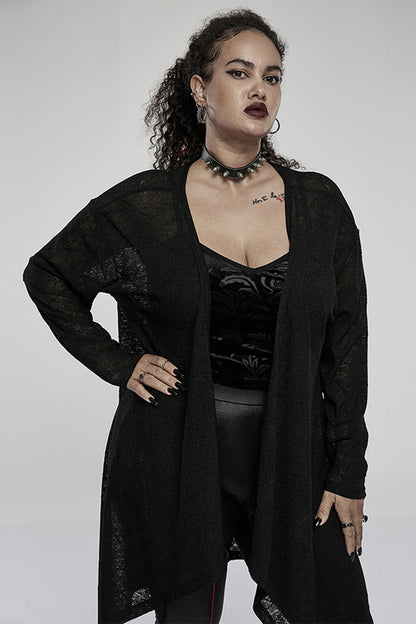 Black Soft Knitting Mottled Texture Asymmetric Hem Skull Decal On The Back Women's Plus Size Gothic Jacket