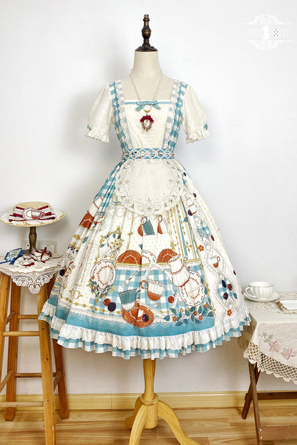 Blue/Green [Tea Party] Short Sleeves Print Ruffle Bowknot Lace Sweet Elegant Lolita Dress