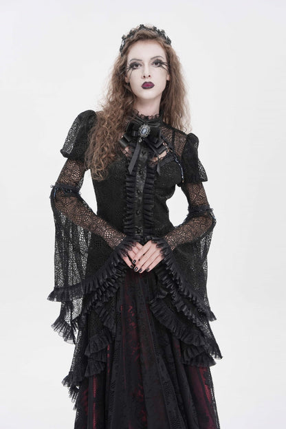 Black Stand Collar Long Trumpet Sleeves Cut-Out Women's Gothic Gorgeous Blouse
