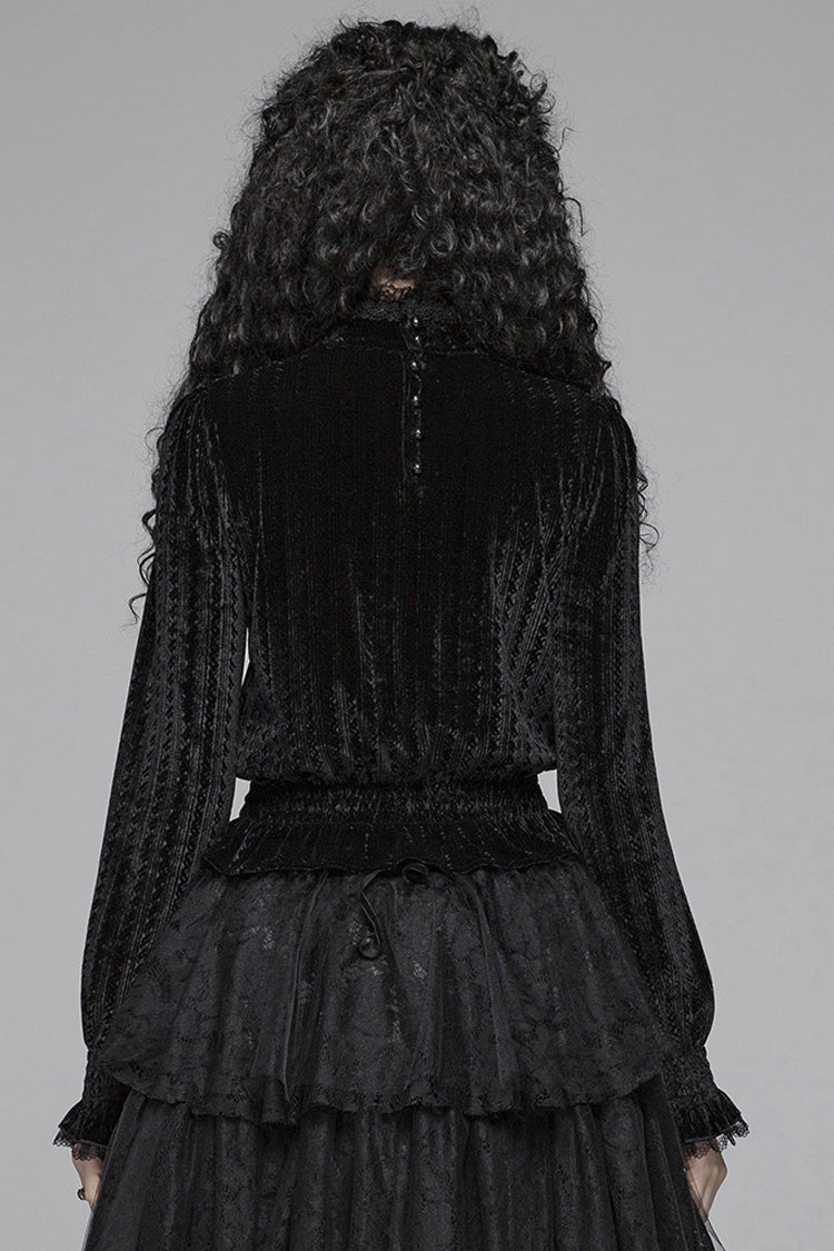 Black Stand Collar Long Sleeves Embroidery Floral Lace Women's Gothic Tops