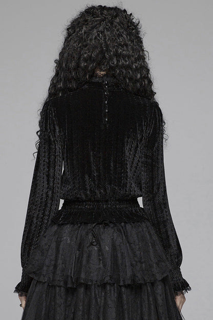 Black Stand Collar Long Sleeves Embroidery Floral Lace Women's Gothic Tops