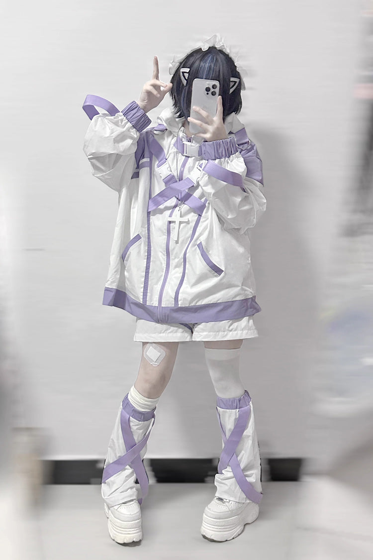 White/Purple Cyberpunk Functional Print Hooded Jirai Kei Japanese Sports Coat