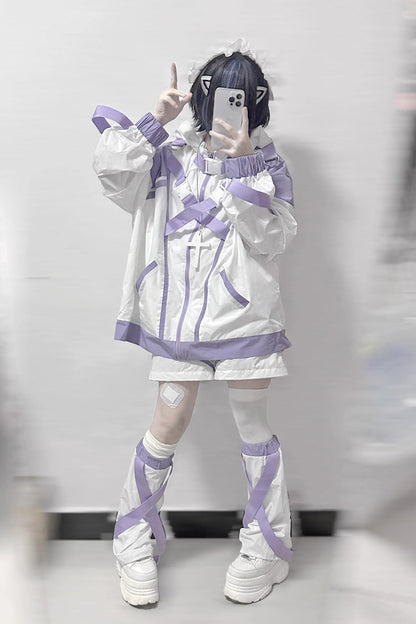 White/Purple Cyberpunk Functional Print Hooded Jirai Kei Japanese Sports Coat