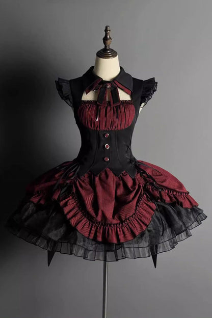 Black/Red [Potions] Sleeveless Triple-Layered Ruffle Bowknot Lace Gothic Lolita Dress 2 Colors