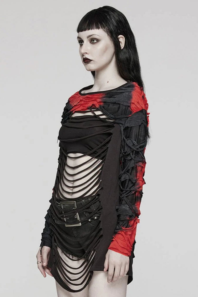 Red/Black Tie Dye Long Sleeves Hollow Womens Steampunk T-Shirt