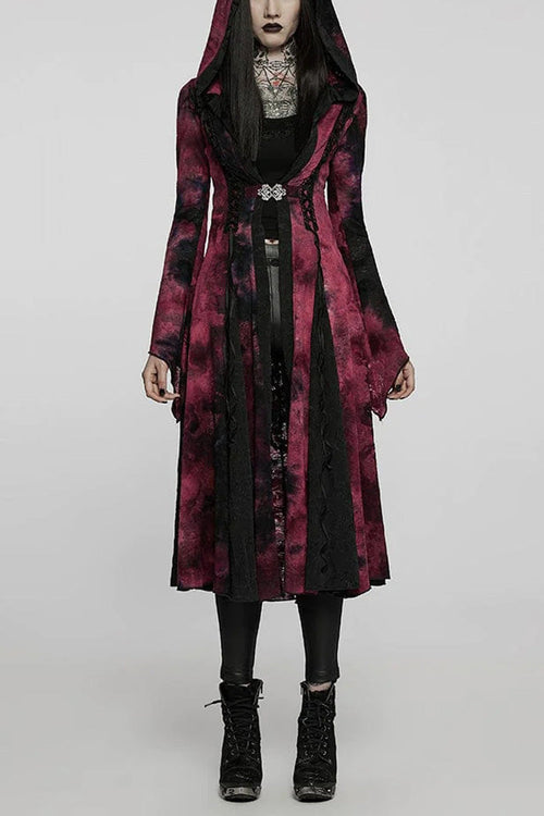 Red/Black Long Trumpet Sleeves Stitching Hooded Womens Gothic Vintage Coat