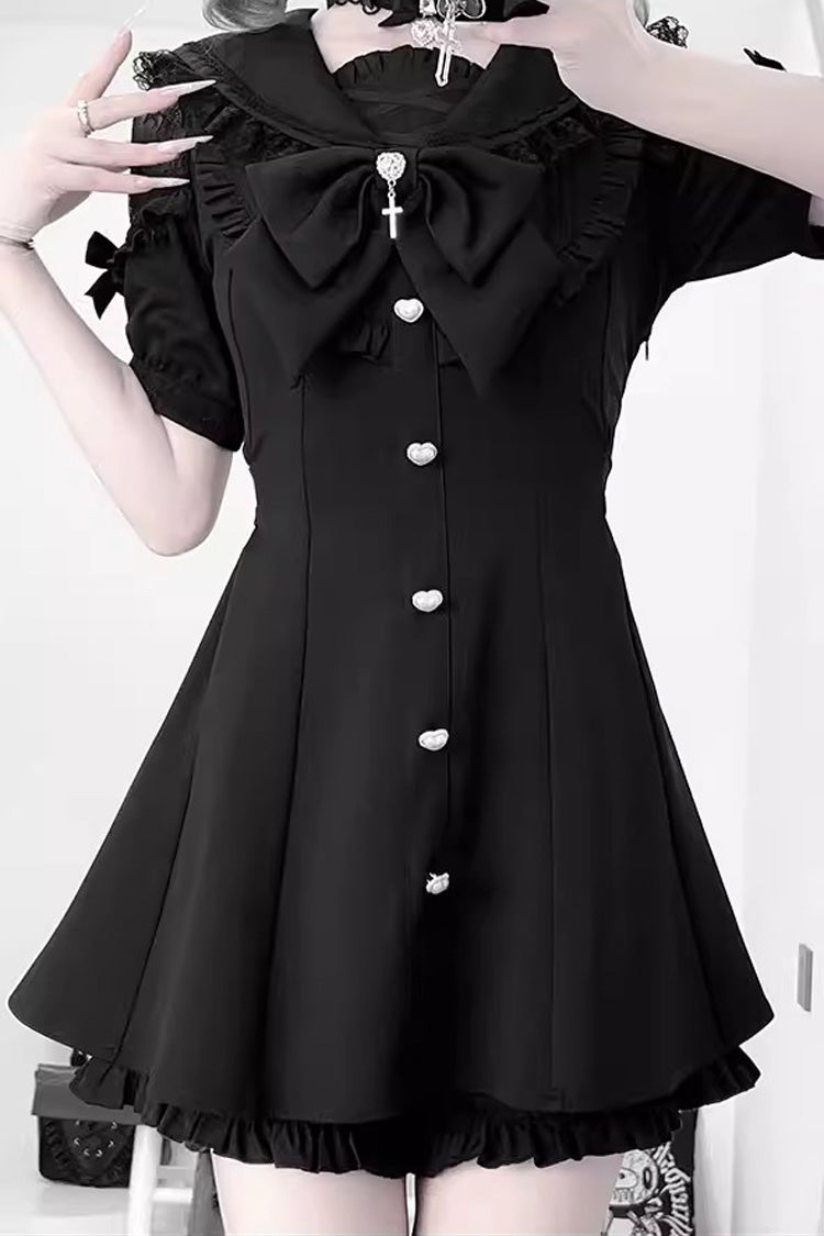 Black [Night Glaze] Long Short Sleeves Ruffled Bow Gothic Plus Size Jirai Kei Dress and Shorts Set
