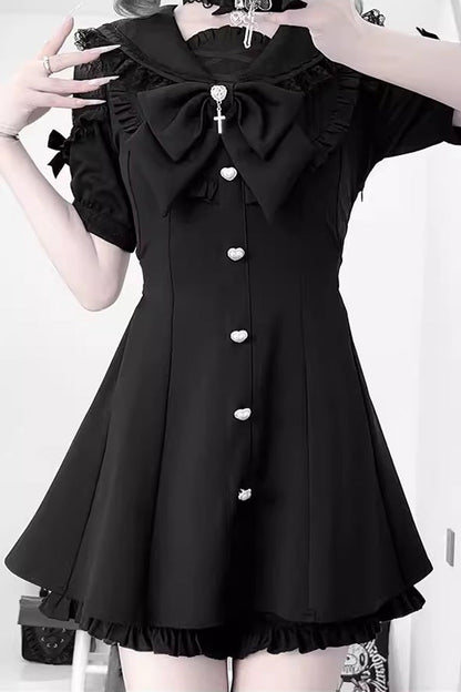 Black [Night Glaze] Long Short Sleeves Ruffled Bow Gothic Plus Size Jirai Kei Dress and Shorts Set