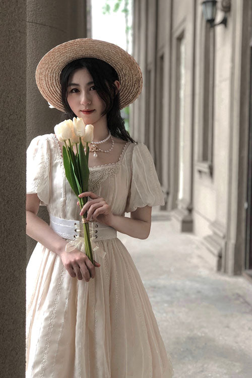 Elegant Vintage Tulip Square Collar Lantern Sleeves Multi-Layer Ruffled Classic Lolita OP Dress Short Version