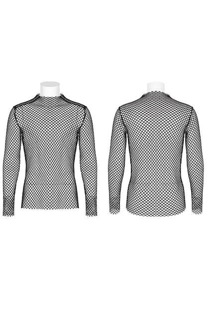 Black Punk Mesh See Through Sexy Long Sleeve Men's T-Shirt