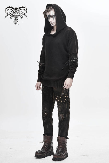 Brown Worn-Out Long Sleeve Elbow Leather Strip Lace-Up Hooded Coarse Knit Men's Punk Sweater