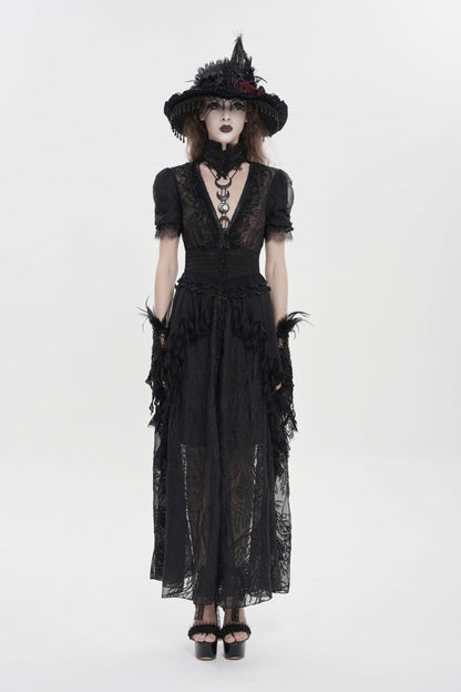 Black V Collar Short Sleeves Hanayome Lace Women's Gothic Wedding Dress