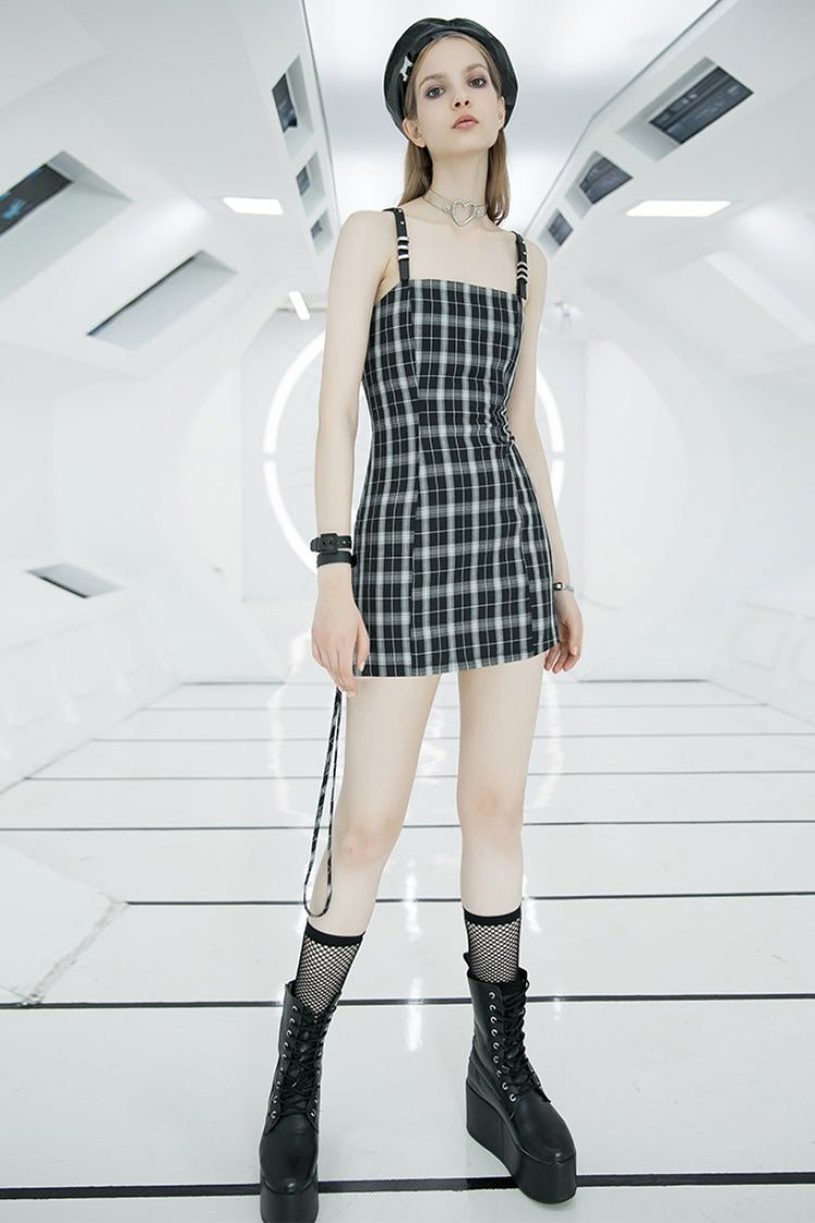 Plaid Print High Waisted Women's Punk Strap Dress 2 Colors