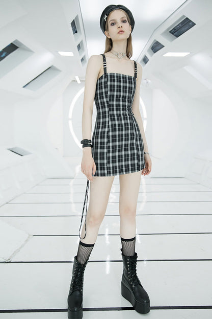 Plaid Print High Waisted Women's Punk Strap Dress 2 Colors