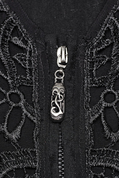 Black V Collar Long Puff Sleeves Embroidery Mesh Women's Gothic Blouse