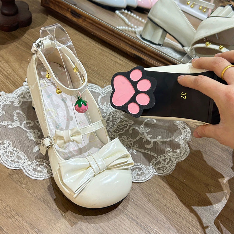 Round Toe Bow Mid Heel Lolita Mary Jane Shoes with Cat Paw Heels & Ankle Bells 6 Colors