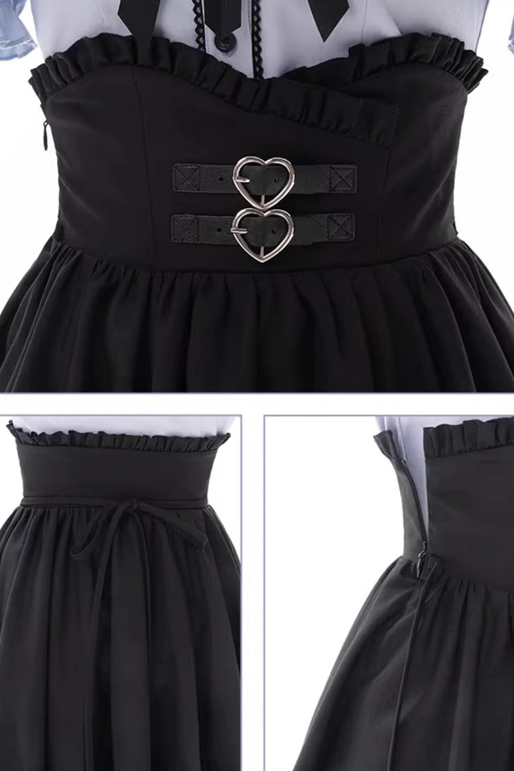 Black/Blue Off Shoulder Short Sleeves Ruffle Bowknot Sweet Jirai Kei Japanese Set