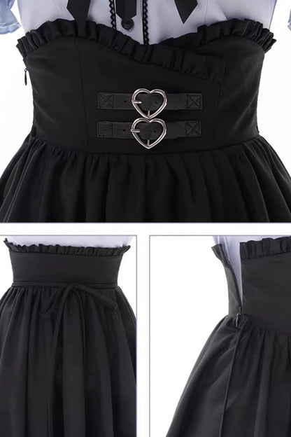 Black/Blue Off Shoulder Short Sleeves Ruffle Bowknot Sweet Jirai Kei Japanese Set