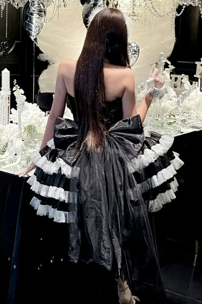 Black [Heartbeat at First Sight] Off Shoulder Sleeveless Multi-Layered Ruffle Bowknot Lace Lace-Up Sweet Princess Gorgeous Lolita Dress