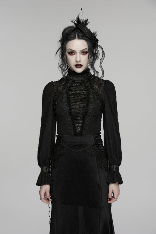 Black Stand Collar Long Sleeves Lace Lace-Up Slim Women's Gothic Blouse