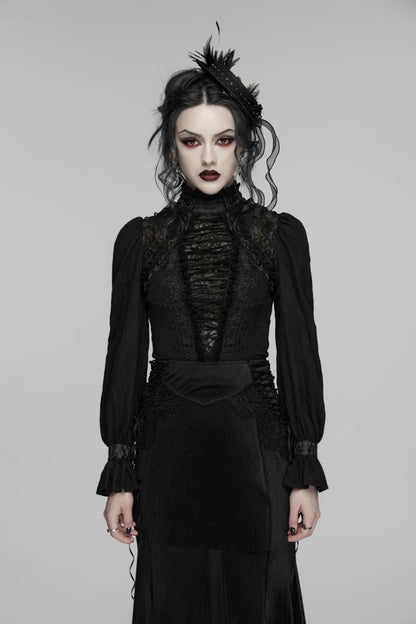 Black Stand Collar Long Sleeves Lace Lace-Up Slim Women's Gothic Blouse