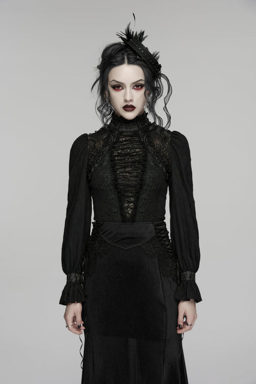 Black Stand Collar Long Sleeves Lace Lace-Up Slim Women's Gothic Blouse
