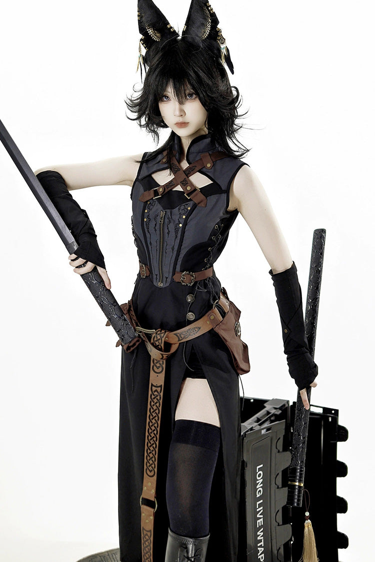Black [Shadow Wasteland] Sleeveless Lace-Up Zipper Punk Lolita Dress
