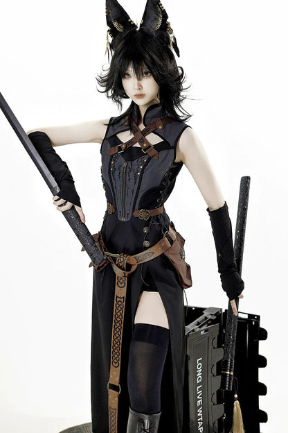 Black [Shadow Wasteland] Sleeveless Lace-Up Zipper Punk Lolita Dress