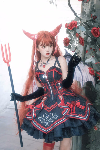 Black/Red Bat Print Ruffle Cardigan Gothic Lolita Jsk Dress