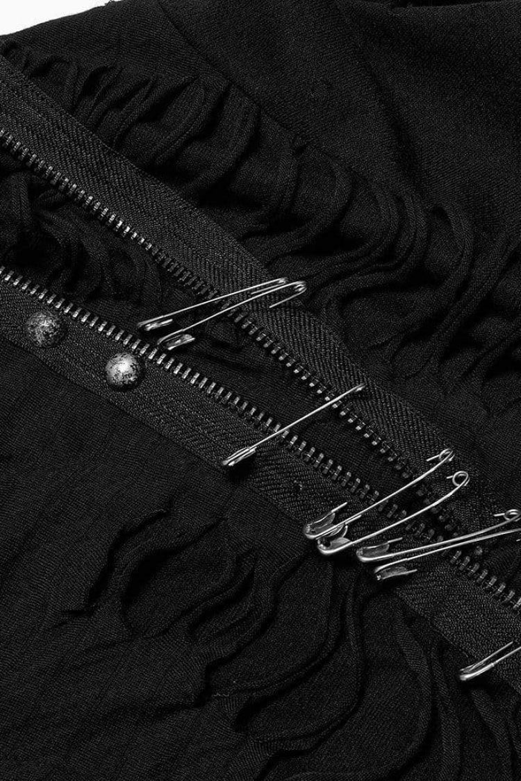 Black Ripped Hooded Metal Large Pins Mens Gothic Coat