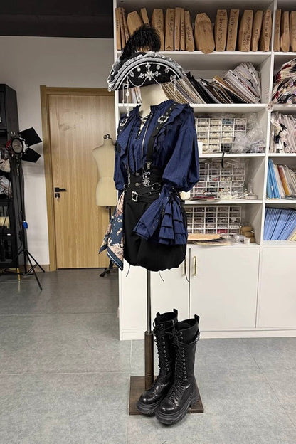 Blue Pirate Series Navigation Treasure Hunting Guide V Collar Long Hime Sleeves Ouji Lolita Blouse