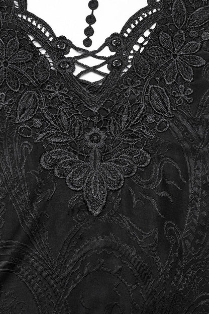 Black V Collar Embroidery Lace Lace-Up Women's Gothic Blouse