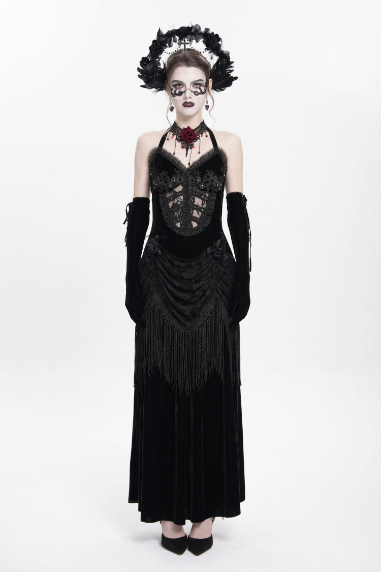 Black Sleeveless Hollow Floral Embroidery Lace-Up Pleated Women's Gothic Maxi Dress