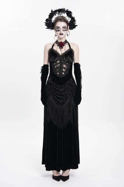 Black Sleeveless Hollow Floral Embroidery Lace-Up Pleated Women's Gothic Maxi Dress