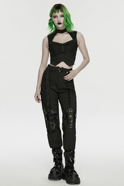 Black Sleeveless Cut-Out Studded Mechanical Women's Punk Tank Top