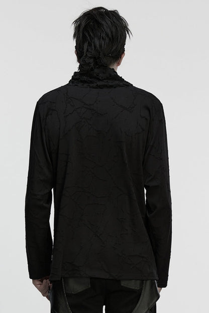Black Stand Collar Long Sleeves Embroidered Ripped Studded Loose Men's Punk T-Shirt