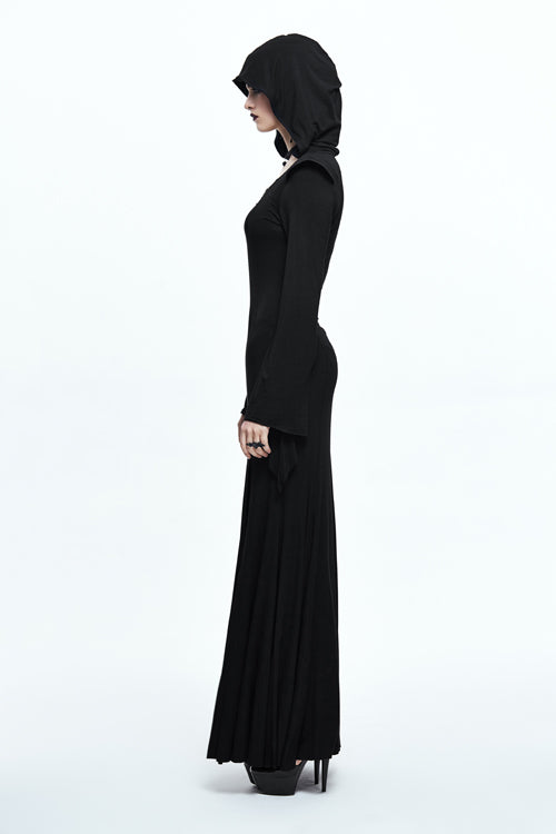 Black Sexy Stretchy Hooded Knitted Flared Sleeves Fishtail Womens Gothic Dress