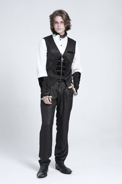 Black Sleeveless Floral Embroidery Stitching Velvet Men's Gothic Vest