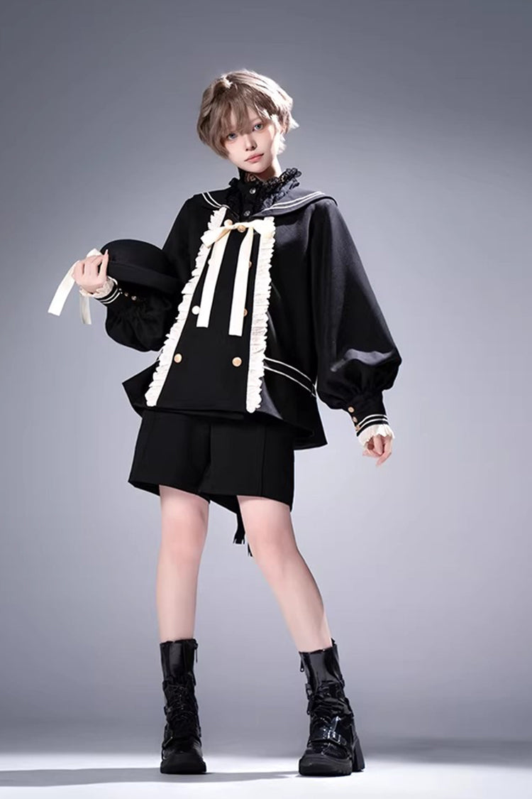 Black [City of Mist] Navy Collar Long Sleeves Gothic College Style Prince Ouji Lolita Shorts Coat Set