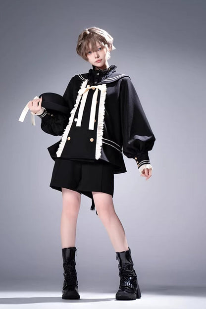 Black [City of Mist] Navy Collar Long Sleeves Gothic College Style Prince Ouji Lolita Shorts Coat Set
