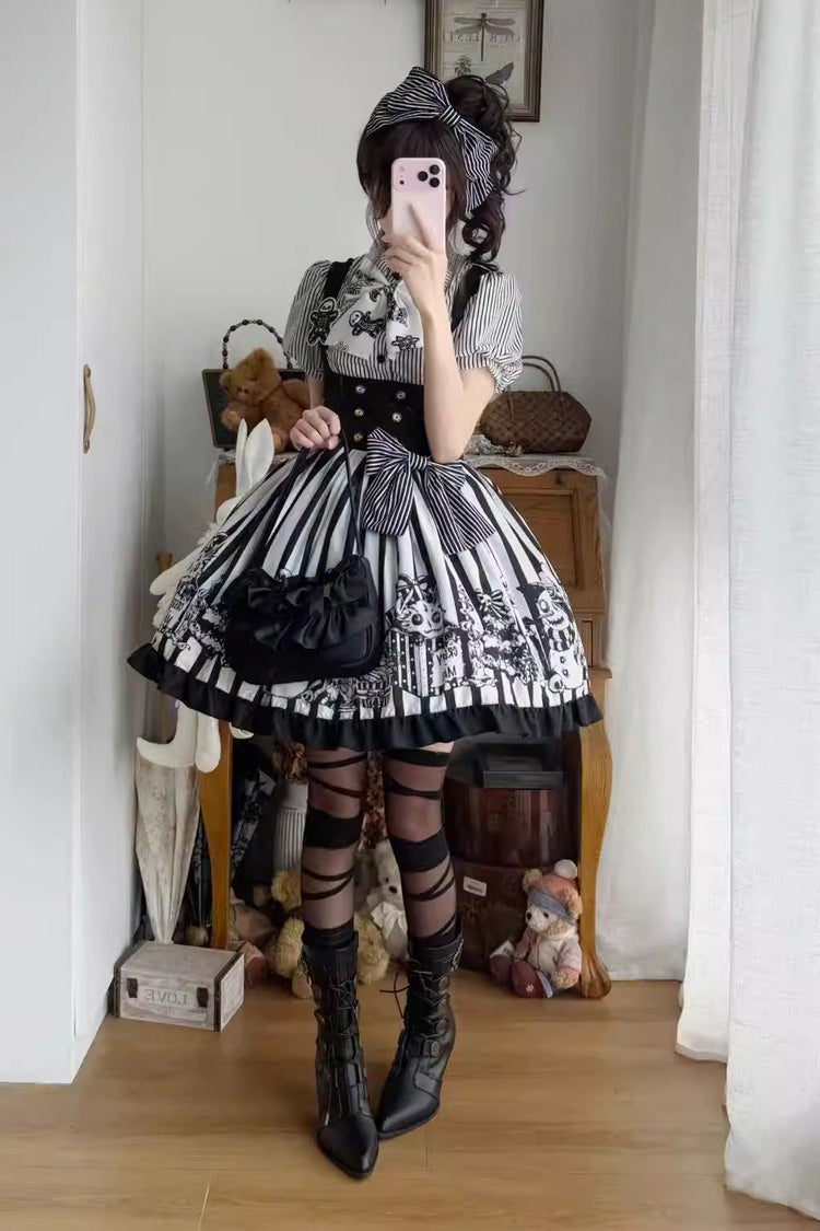 Black/White [A Weird Christmas] Sleeveless Printed Ruffled Gothic Lolita JSK Dress