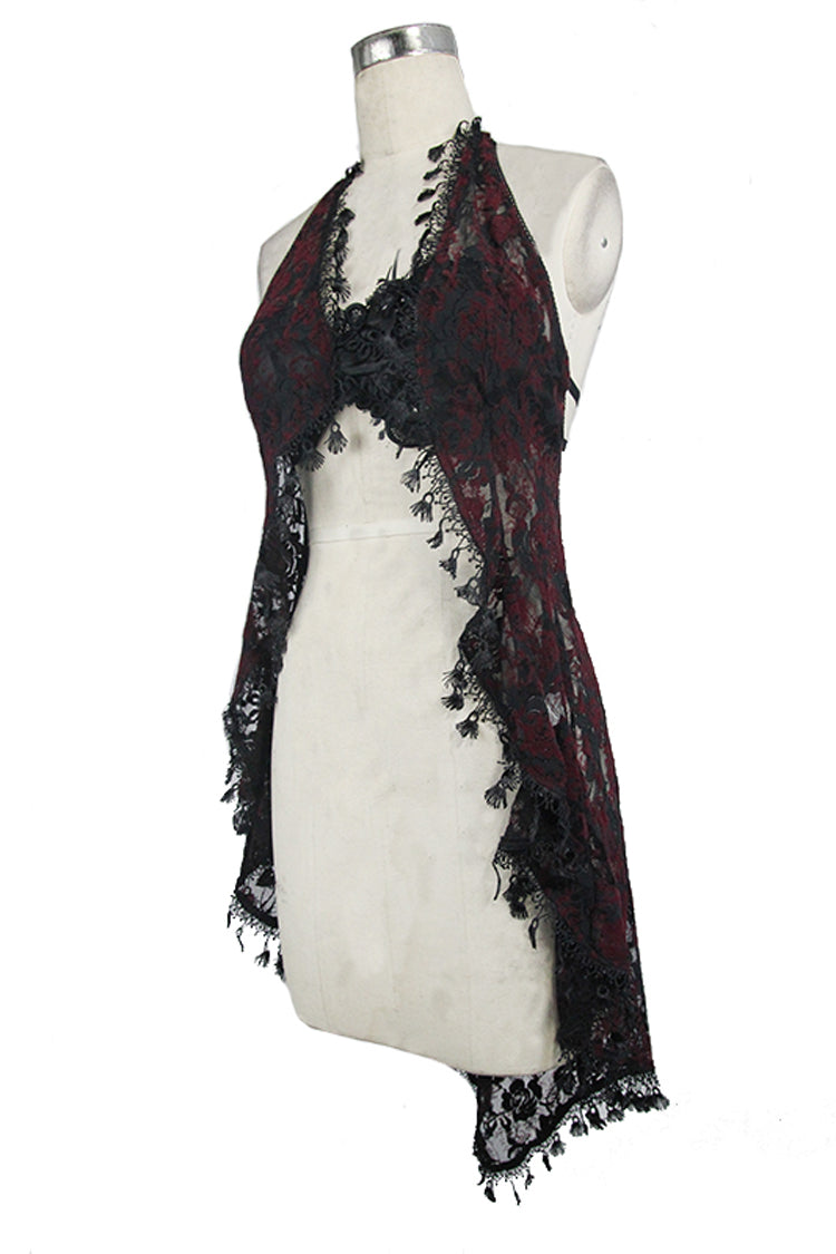 Red Frilly Tassel Hem Halter Lace Women's Gothic T-Shirt