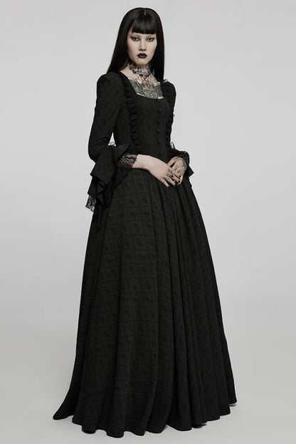 Black Square Collar Long Trumpet Sleeves Rose Print Lace Women's Gothic Elegant Dress
